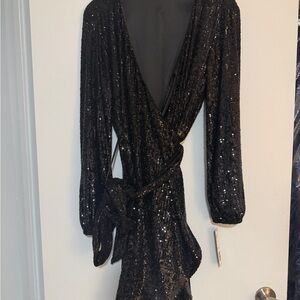 Gianni Bini Black Sequin Long Sleeve Wrap Dress